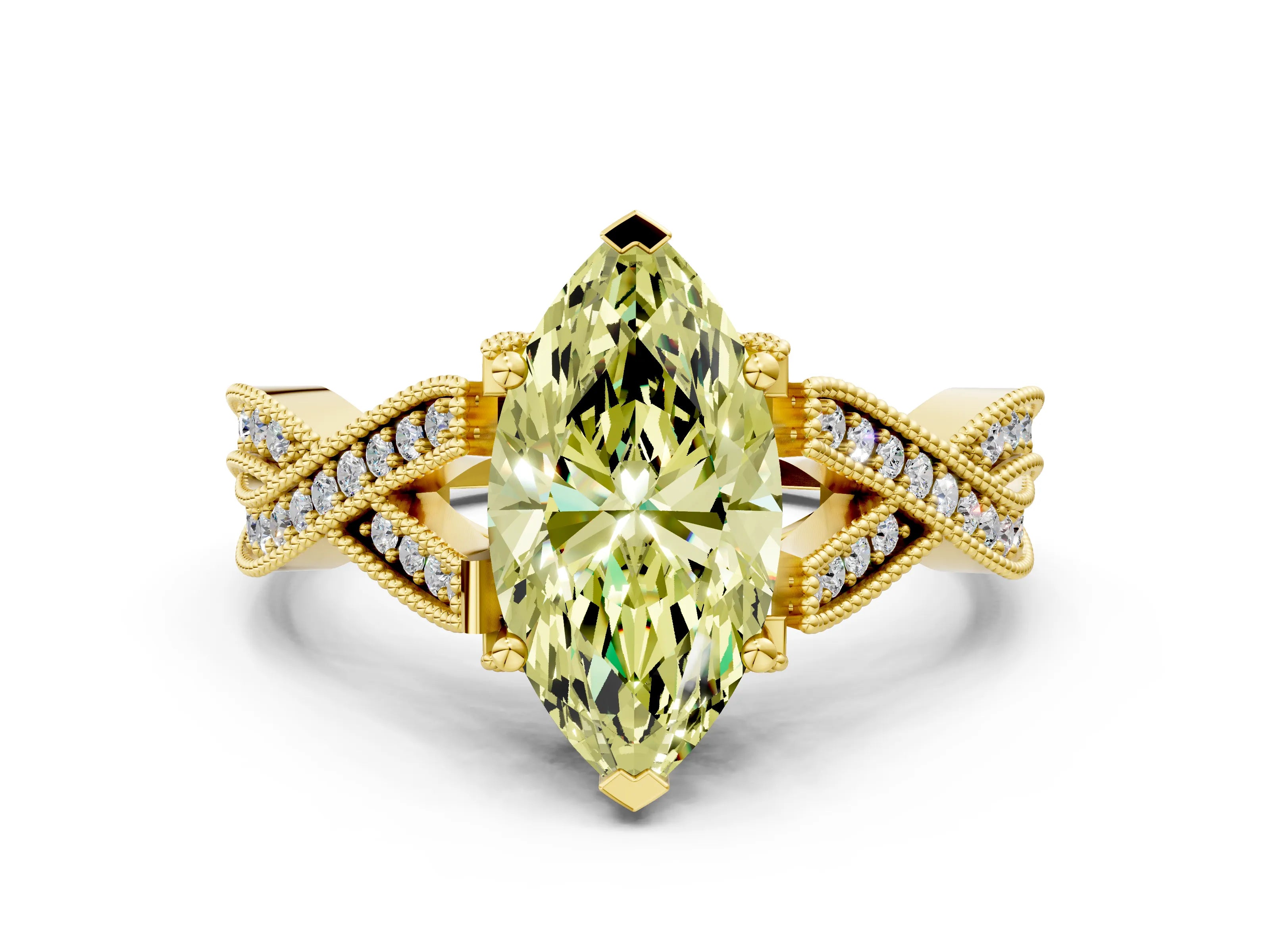 Yellow gold Fancy Yellow Marquise Cut Cut Diamond Twisted Band with Milgrain Pave Setting and Four-Prong Setting