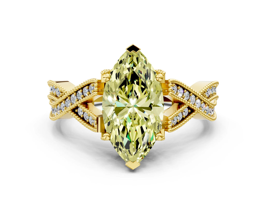 Yellow gold Fancy Yellow Marquise Cut Cut Diamond Twisted Band with Milgrain Pave Setting and Four-Prong Setting