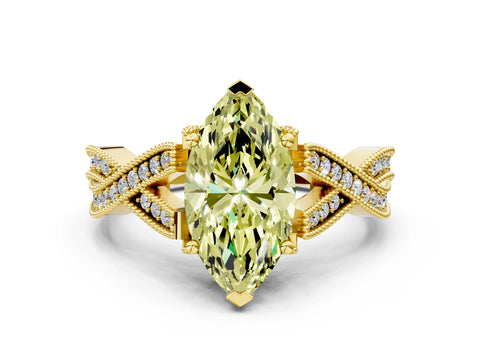 Yellow gold Fancy Yellow Marquise Cut Cut Diamond Twisted Band with Milgrain Pave Setting and Four-Prong Setting