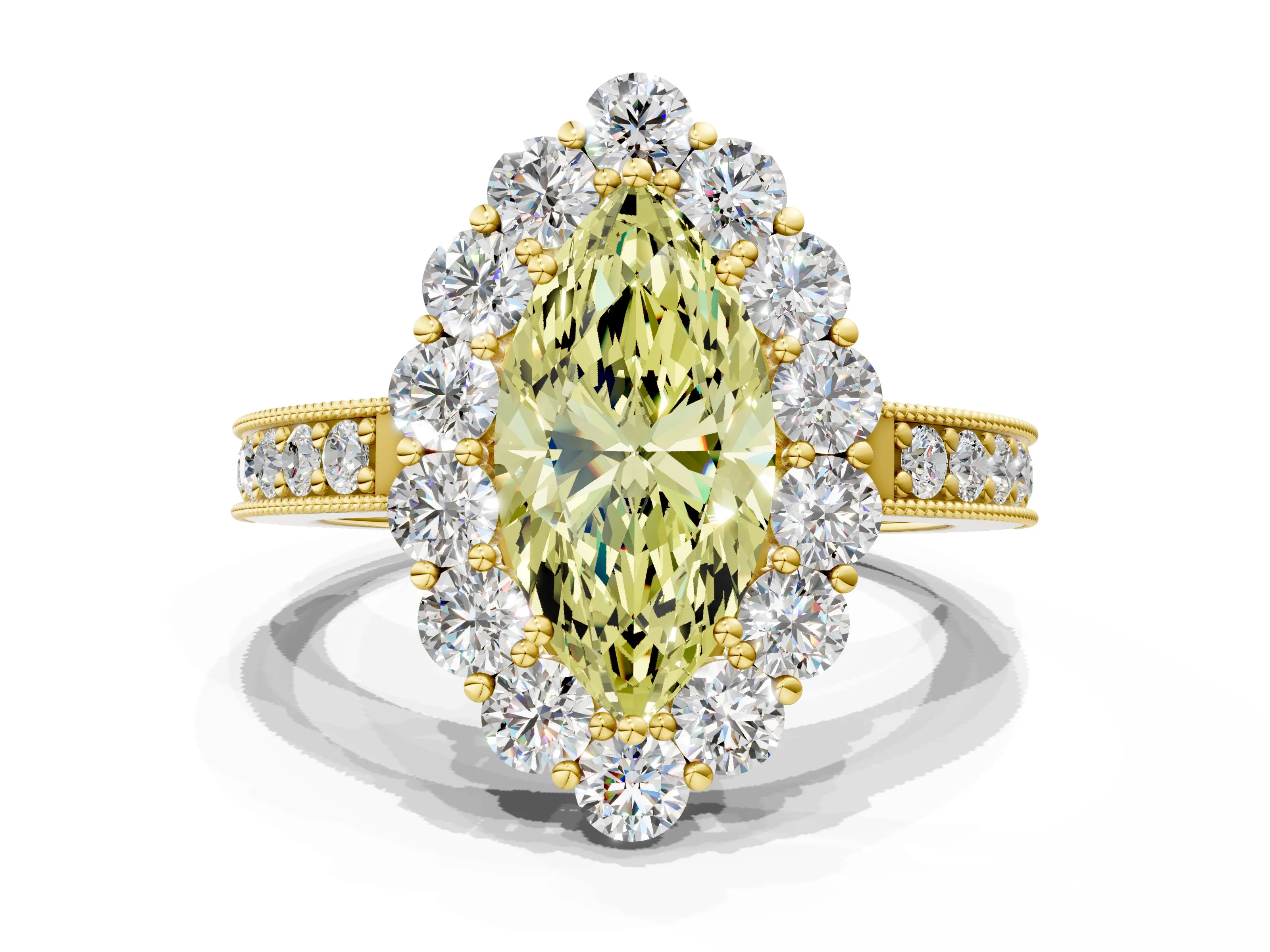 Yellow gold Fancy Yellow Marquise Cut Cut Halo Diamond Pavé Engagement Ring with Milgrain Detailing