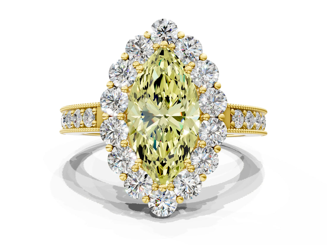 Yellow gold Fancy Yellow Marquise Cut Cut Halo Diamond Pavé Engagement Ring with Milgrain Detailing