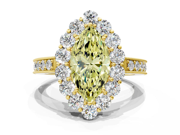 Yellow gold Fancy Yellow Marquise Cut Cut Halo Diamond Pavé Engagement Ring with Milgrain Detailing