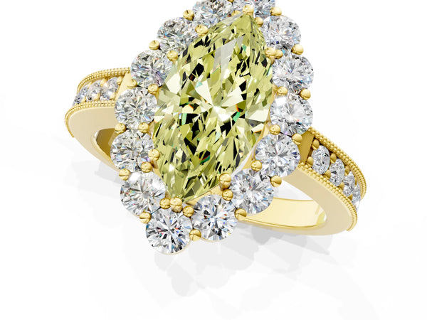 Yellow gold Fancy Yellow Marquise Cut Cut Halo Diamond Pavé Engagement Ring with Milgrain Detailing