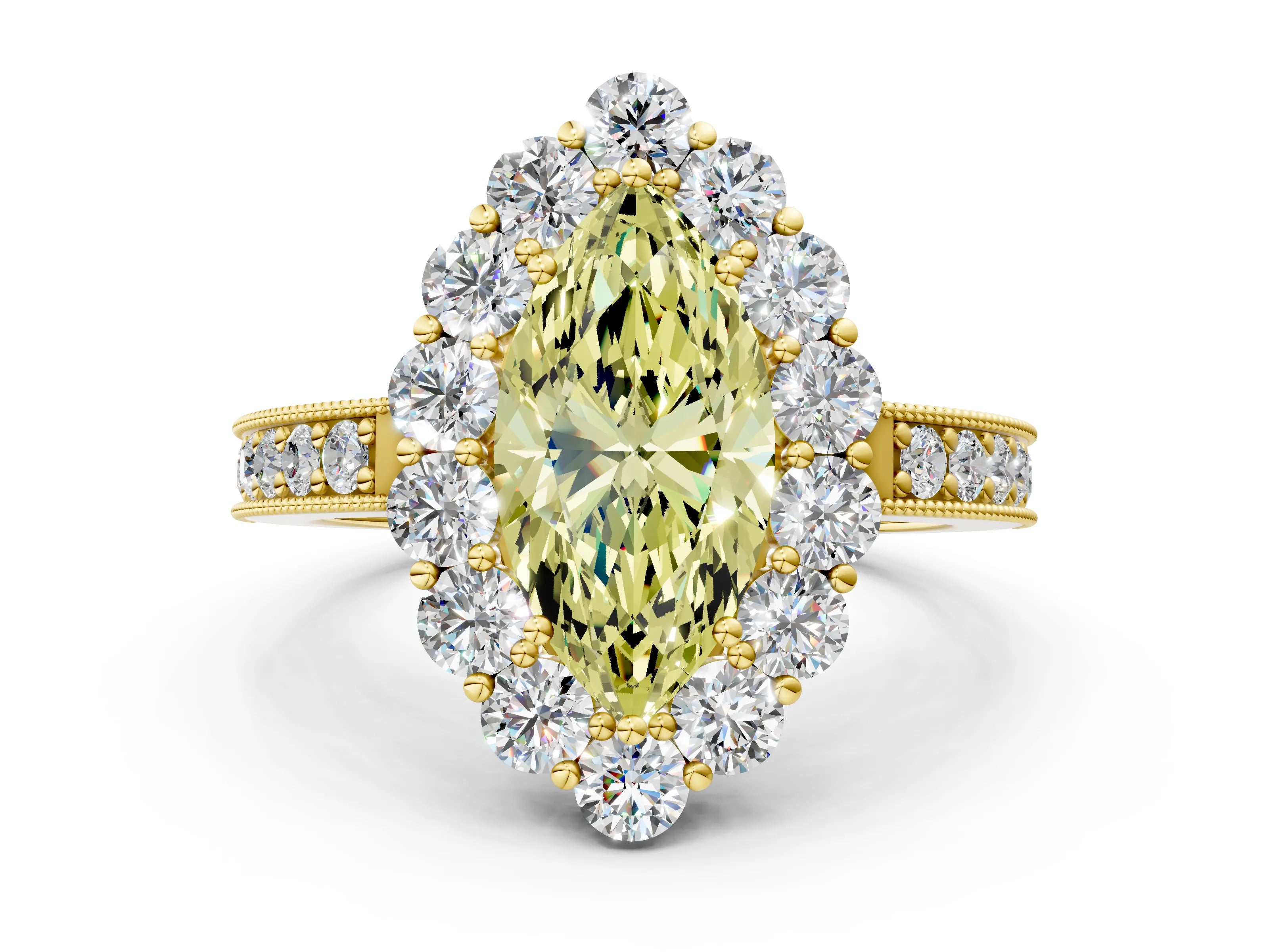 Yellow gold Fancy Yellow Marquise Cut Cut Halo Diamond Pavé Engagement Ring with Milgrain Detailing_12