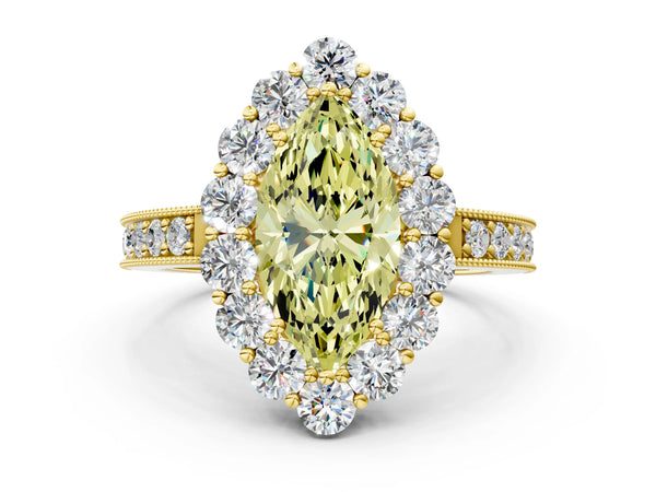 Yellow gold Fancy Yellow Marquise Cut Cut Halo Diamond Pavé Engagement Ring with Milgrain Detailing