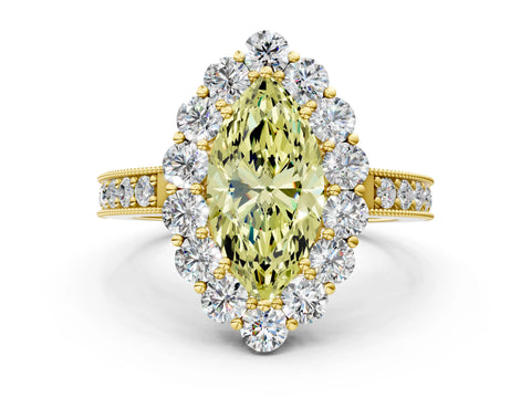Yellow gold Fancy Yellow Marquise Cut Cut Halo Diamond Pavé Engagement Ring with Milgrain Detailing_12