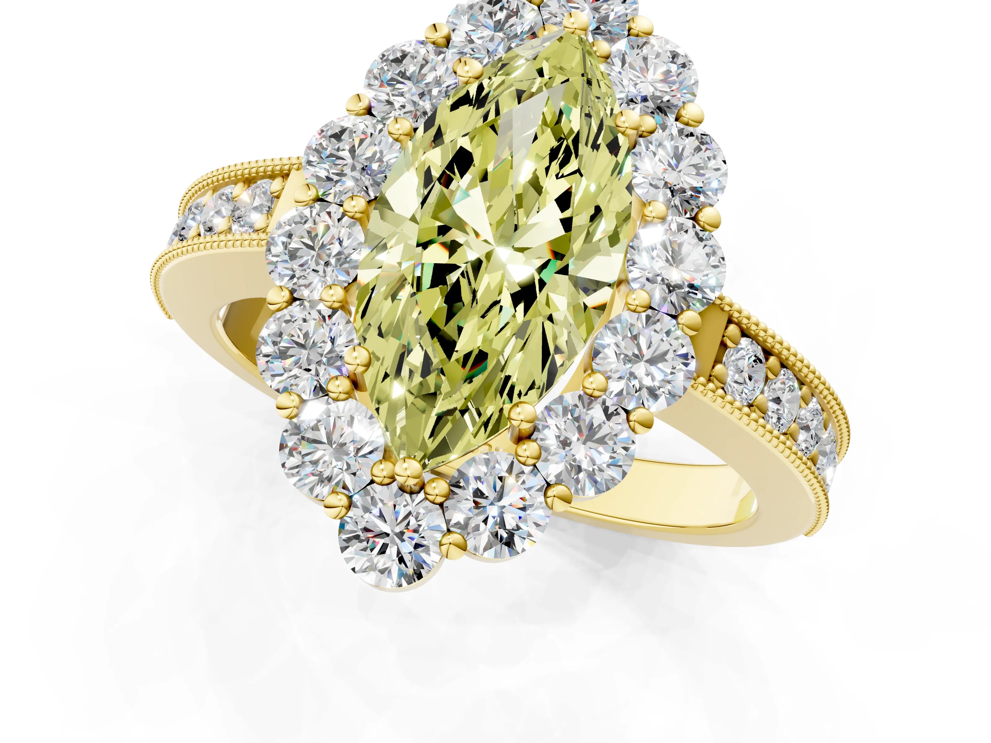 Yellow gold Fancy Yellow Marquise Cut Cut Halo Diamond Pavé Engagement Ring with Milgrain Detailing_13