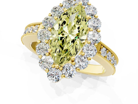 Yellow gold Fancy Yellow Marquise Cut Cut Halo Diamond Pavé Engagement Ring with Milgrain Detailing_1