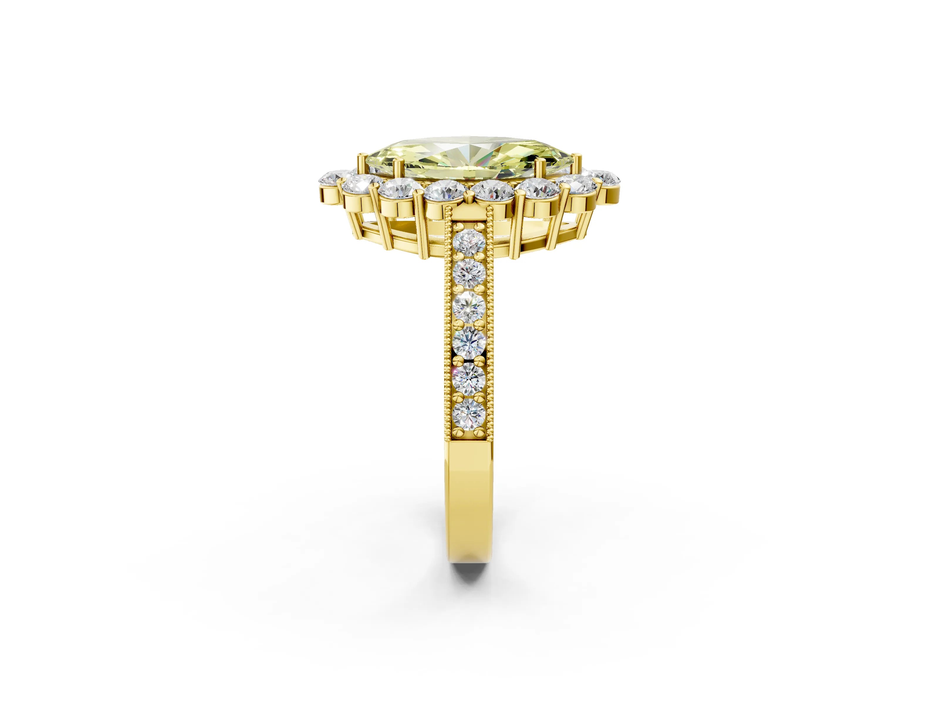 Yellow gold Fancy Yellow Marquise Cut Cut Halo Diamond Pavé Engagement Ring with Milgrain Detailing_2