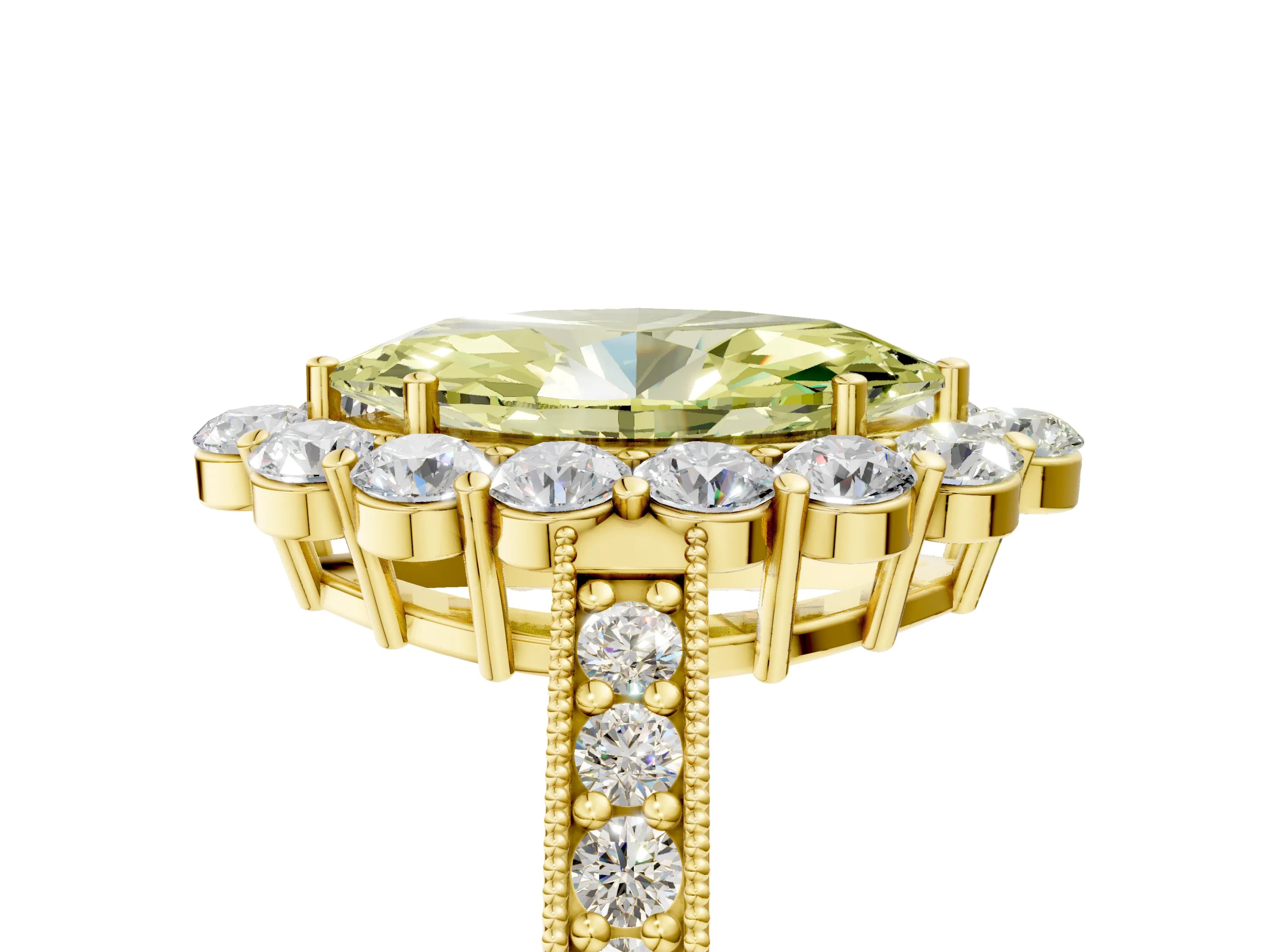 Yellow gold Fancy Yellow Marquise Cut Cut Halo Diamond Pavé Engagement Ring with Milgrain Detailing_5