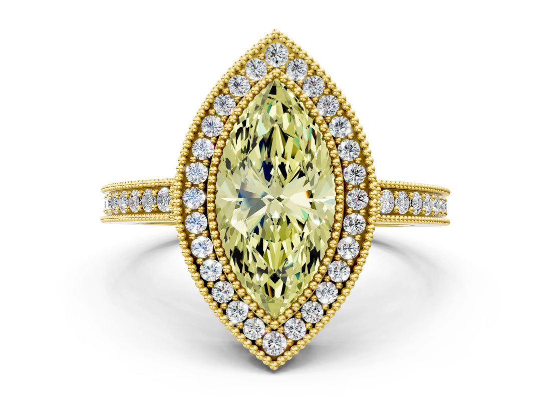 Yellow gold Fancy Yellow Marquise Cut Cut Halo Pavé Diamond Ring