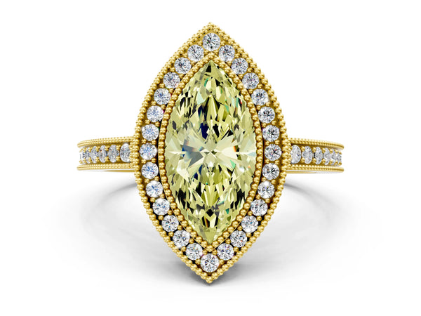 Yellow Gold Marquise Double Milgrain Halo Engagement Ring Setting for Fancy Yellow Center