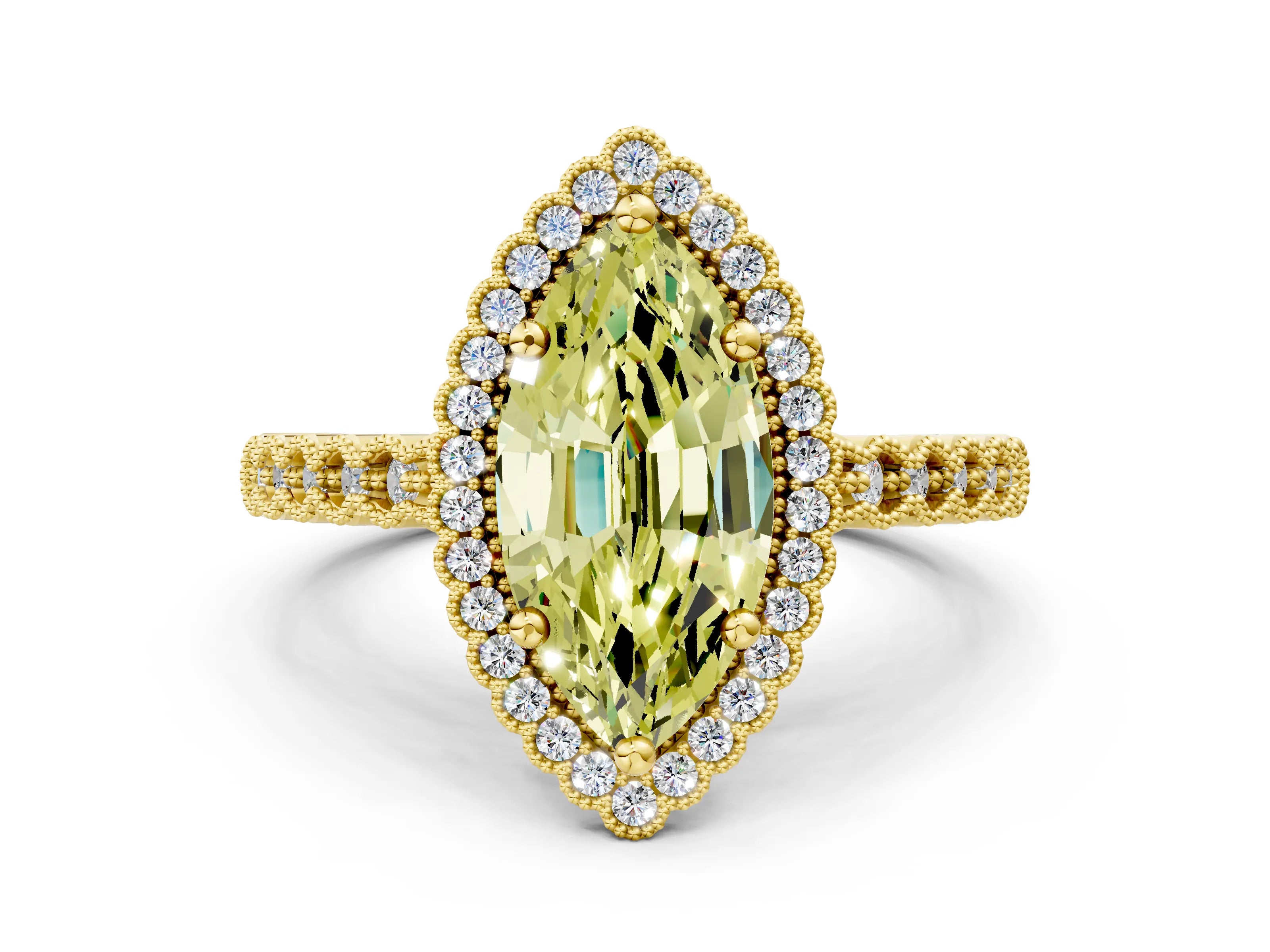 Yellow gold Fancy Yellow Marquise Cut Cut Halo Pavé Solitaire Ring with Milgrain Band