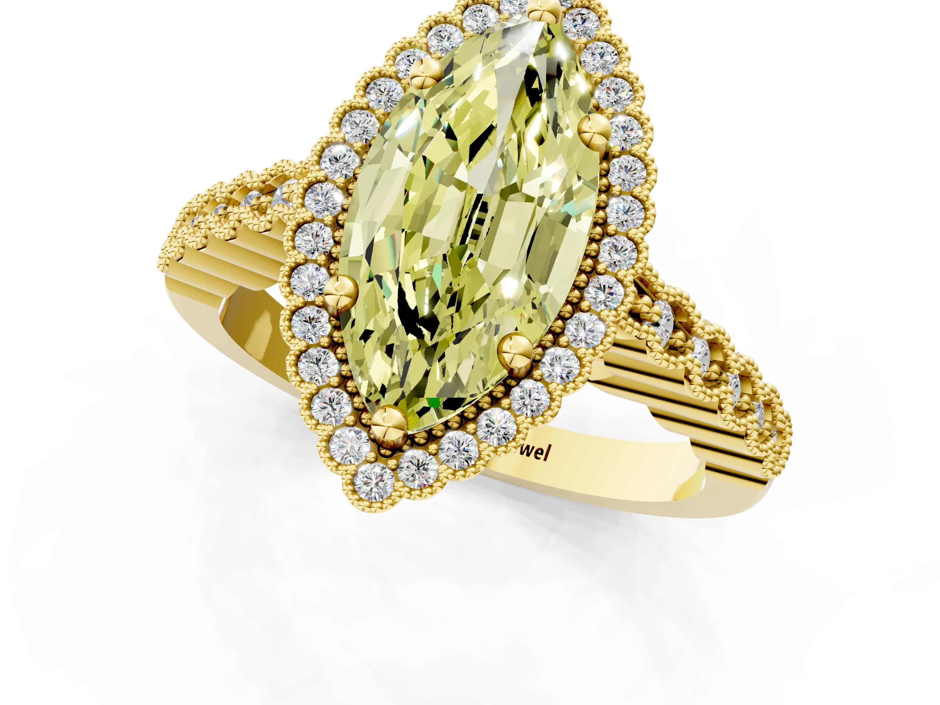 Yellow gold Fancy Yellow Marquise Cut Cut Halo Pavé Solitaire Ring with Milgrain Band_1