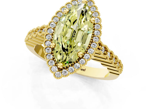 Yellow gold Fancy Yellow Marquise Cut Cut Halo Pavé Solitaire Ring with Milgrain Band_1