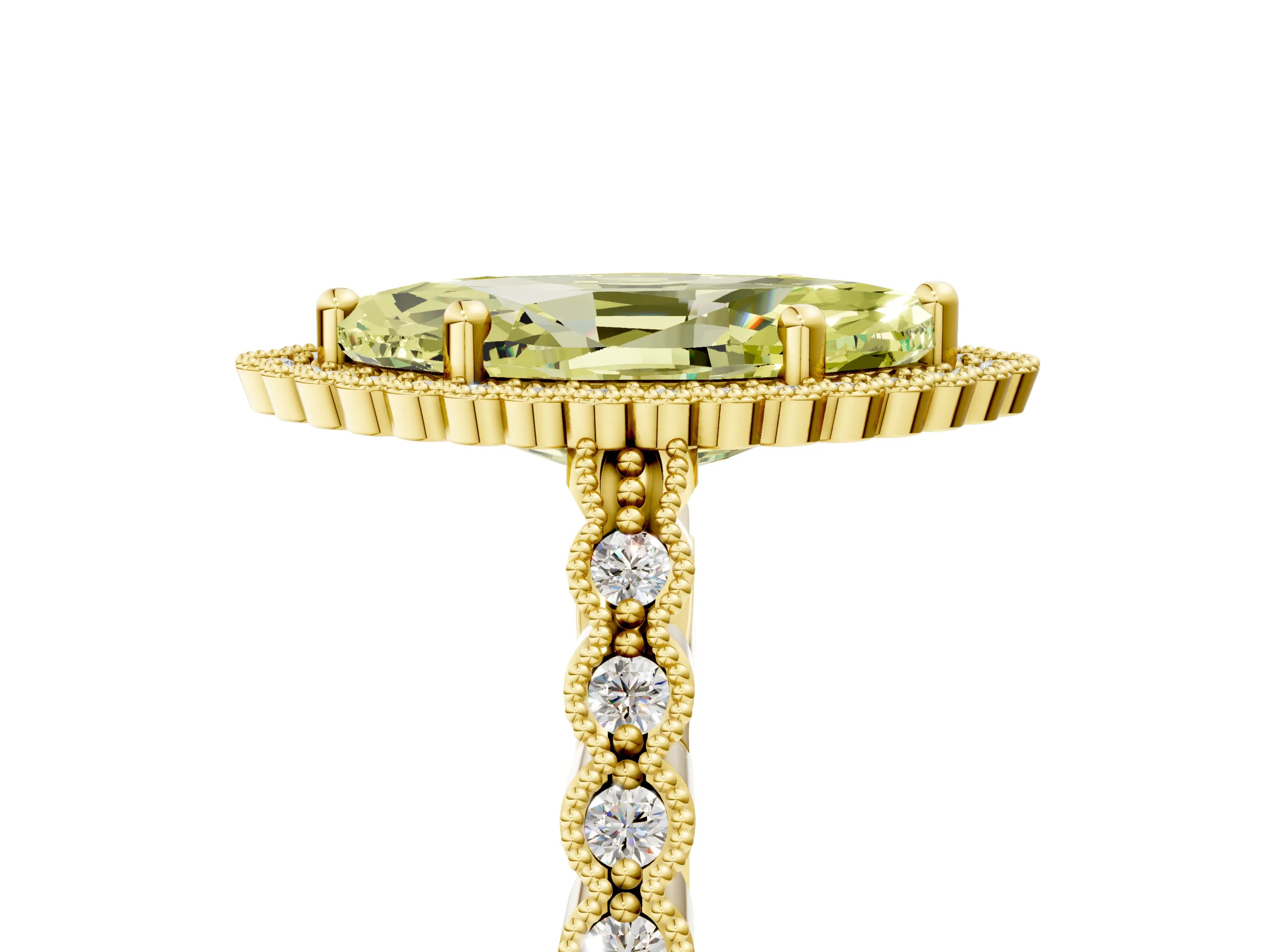 Yellow gold Fancy Yellow Marquise Cut Cut Halo Pavé Solitaire Ring with Milgrain Band_5