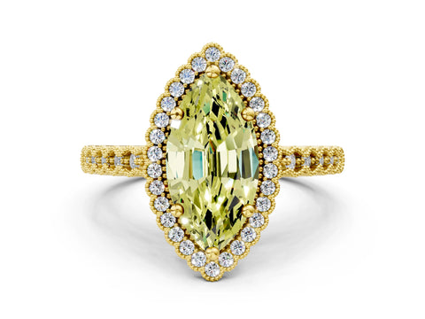 Yellow gold Fancy Yellow Marquise Cut Cut Halo Pavé Solitaire Ring with Milgrain Band