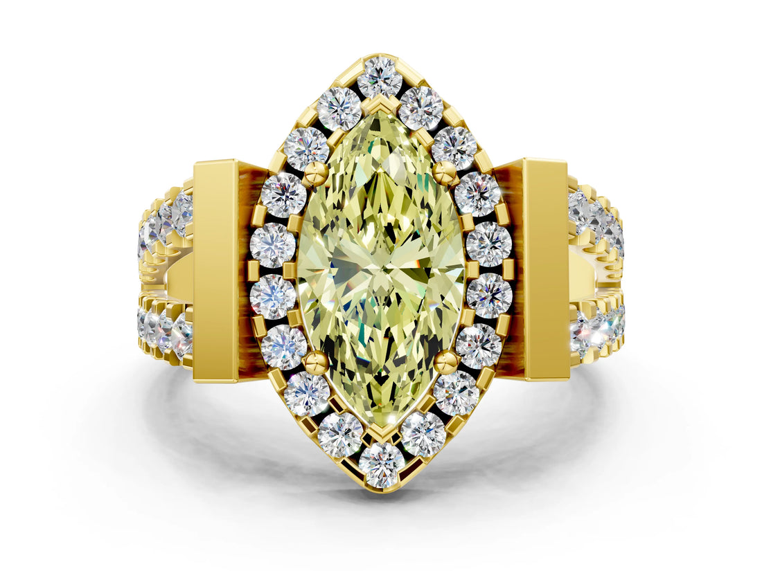 Yellow gold Fancy Yellow Marquise Cut Cut Halo Split Shank Prong Set Ring