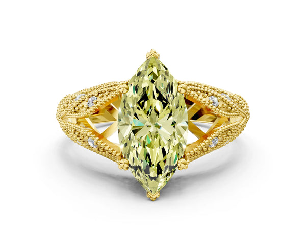 Yellow gold Fancy Yellow Marquise Cut Cut Milgrain Pave Diamond Engagement Ring with Four-Prong Setting