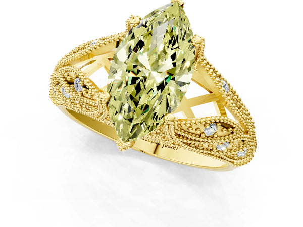 Yellow gold Fancy Yellow Marquise Cut Cut Milgrain Pave Diamond Engagement Ring with Four-Prong Setting