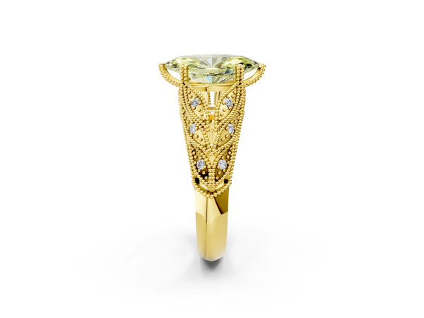 Yellow gold Fancy Yellow Marquise Cut Cut Milgrain Pave Diamond Engagement Ring with Four-Prong Setting