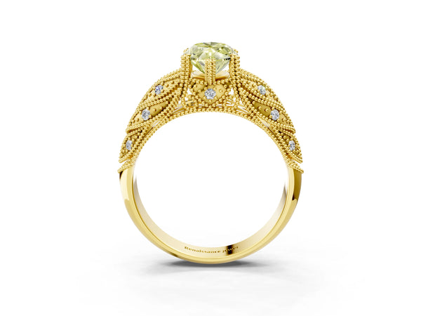 Yellow gold Fancy Yellow Marquise Cut Cut Milgrain Pave Diamond Engagement Ring with Four-Prong Setting