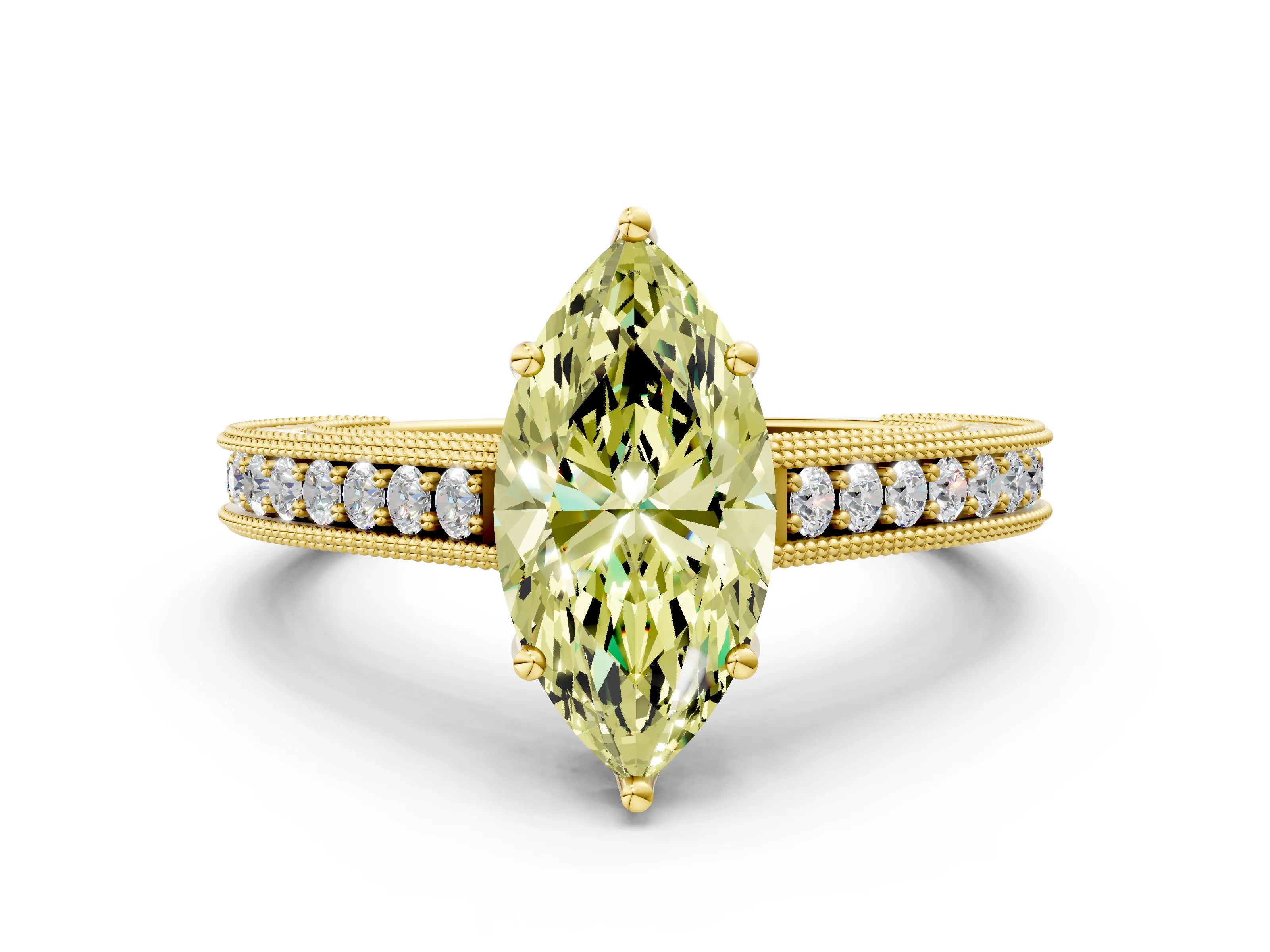 Yellow gold Fancy Yellow Marquise Cut Cut Pave Band Milgrain Solitaire Ring