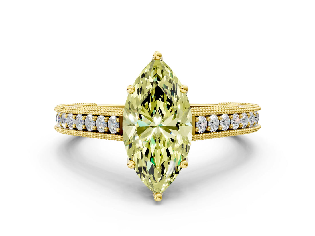 Yellow gold Fancy Yellow Marquise Cut Cut Pave Band Milgrain Solitaire Ring
