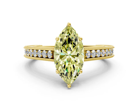 Yellow gold Fancy Yellow Marquise Cut Cut Pave Band Milgrain Solitaire Ring