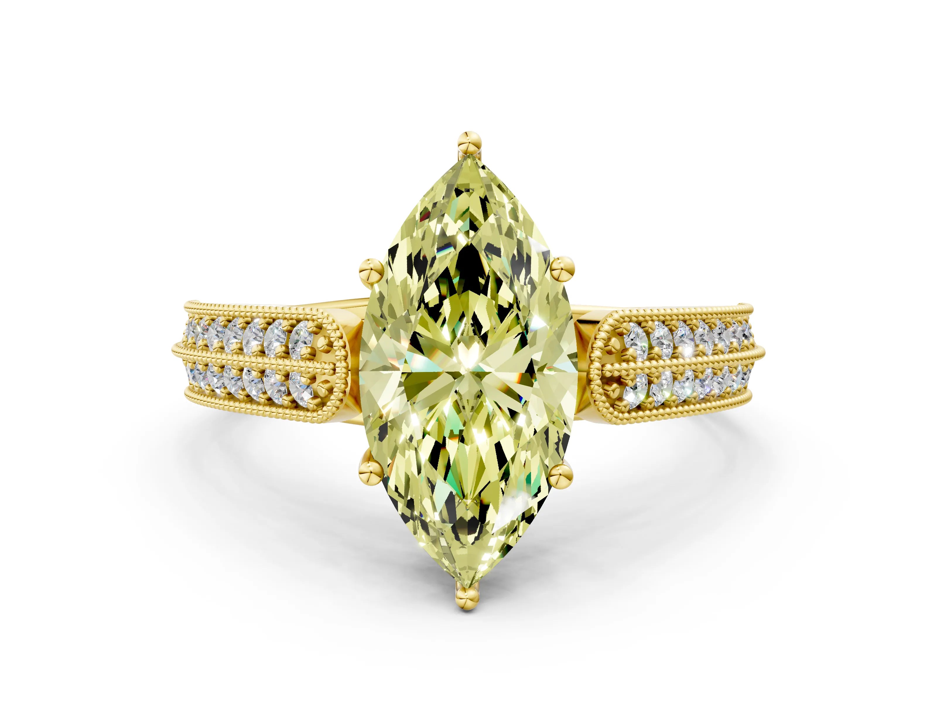 Yellow gold Fancy Yellow Marquise Cut Cut Pave Split Shank Engagement Ring with Four-Prong Setting