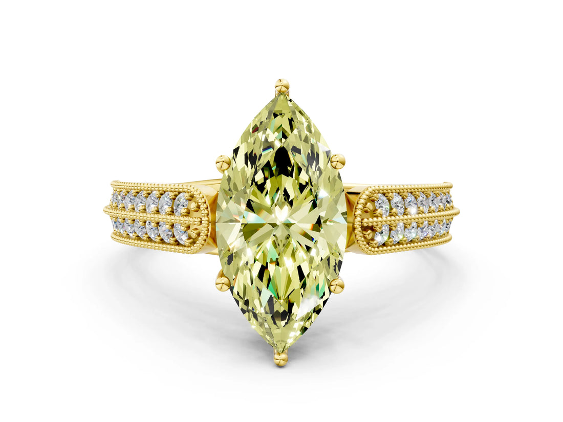 Yellow gold Fancy Yellow Marquise Cut Cut Pave Split Shank Engagement Ring with Four-Prong Setting