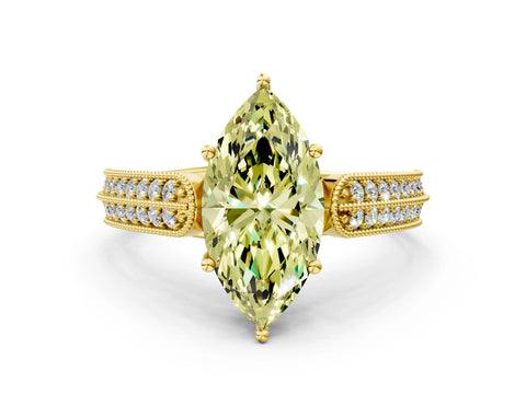 Yellow gold Fancy Yellow Marquise Cut Cut Pave Split Shank Engagement Ring with Four-Prong Setting