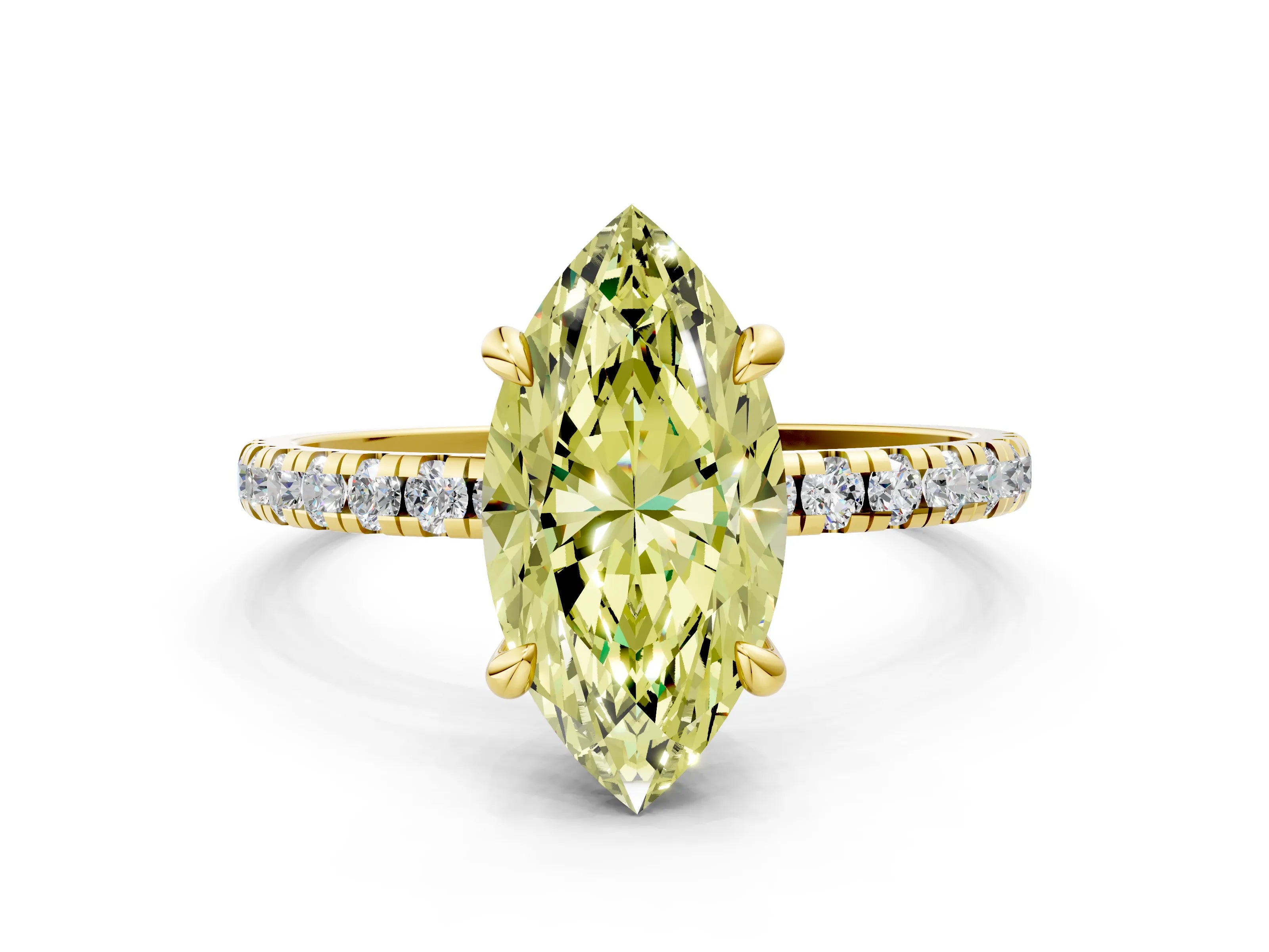 Yellow gold Fancy Yellow Marquise Cut Diamond Brilliant Solitaire Ring with Pavé Band and Four-Prong Setting