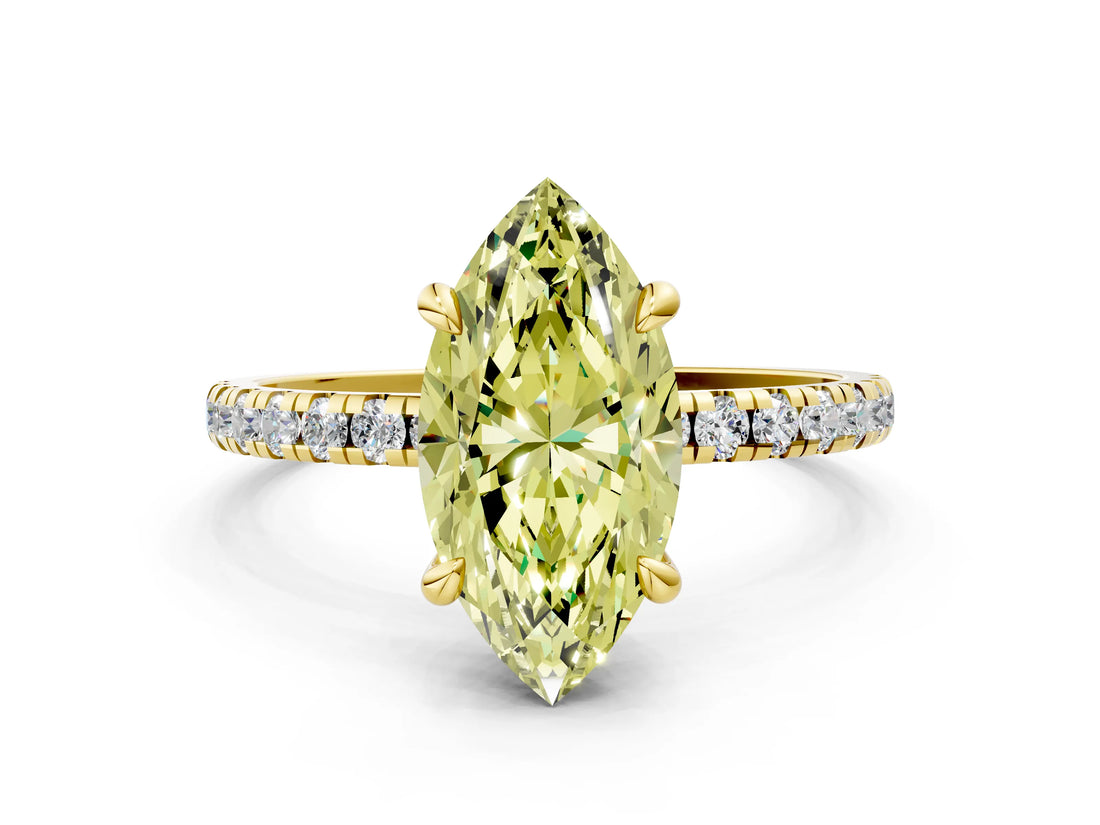 Yellow gold Fancy Yellow Marquise Cut Diamond Brilliant Solitaire Ring with Pavé Band and Four-Prong Setting
