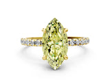Yellow gold Fancy Yellow Marquise Cut Diamond Brilliant Solitaire Ring with Pavé Band and Four-Prong Setting