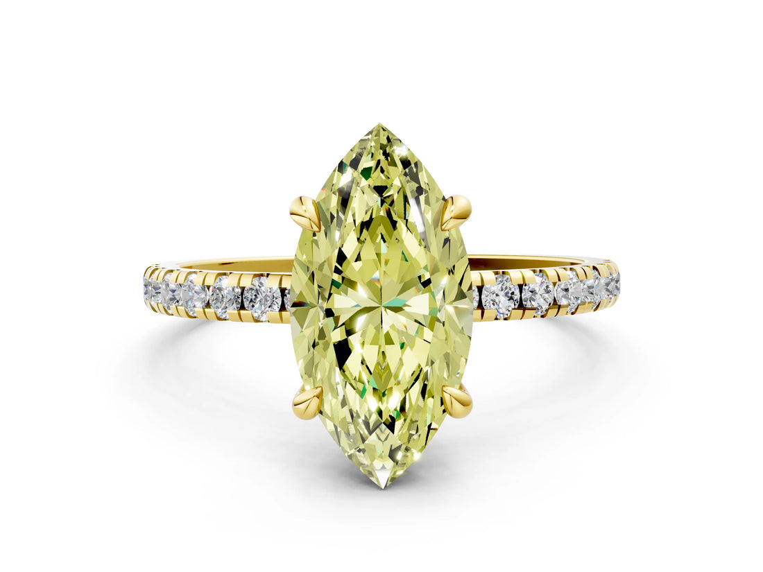 Yellow gold Fancy Yellow Marquise Cut Diamond Brilliant Solitaire Ring with Pavé Band and Four-Prong Setting_12