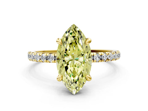 Yellow gold Fancy Yellow Marquise Cut Diamond Brilliant Solitaire Ring with Pavé Band and Four-Prong Setting
