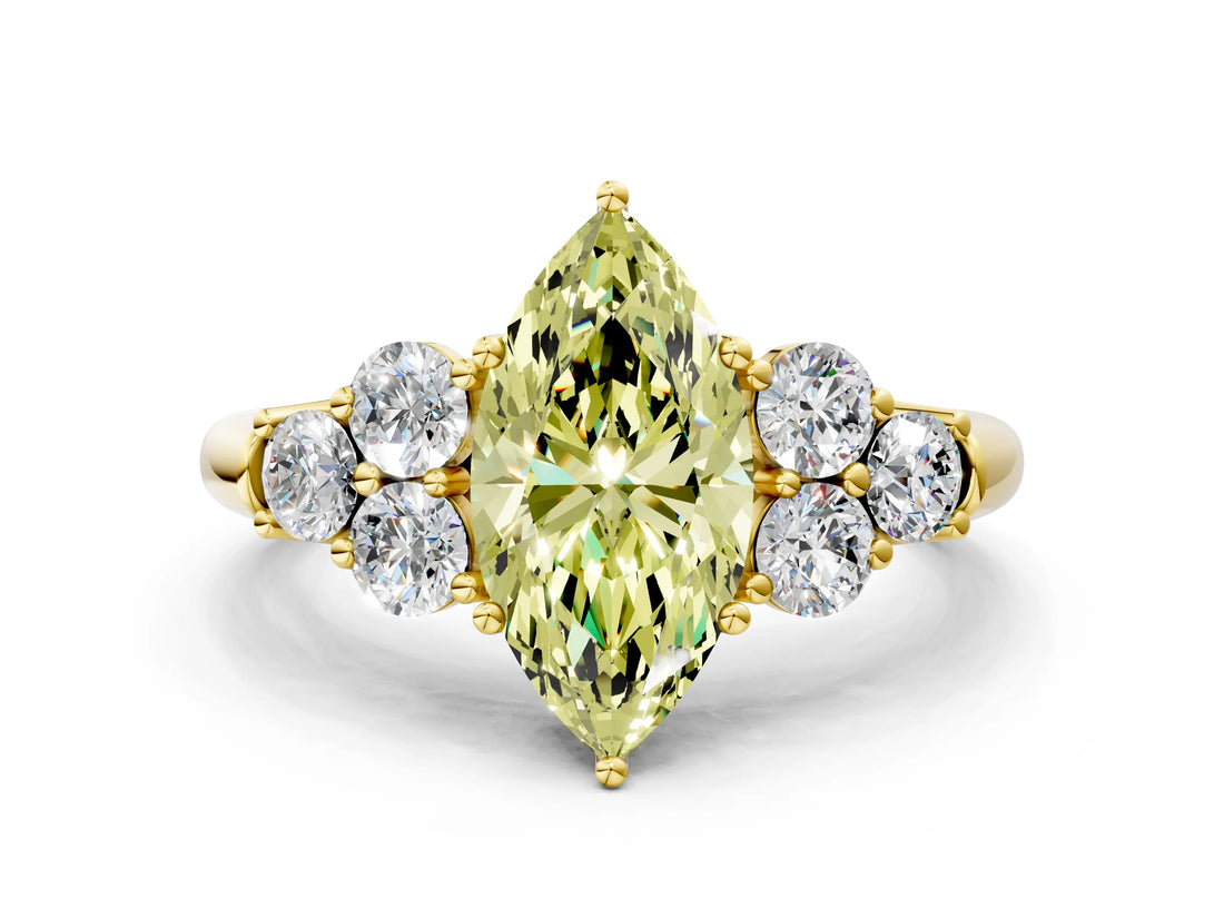 Yellow gold Fancy Yellow Marquise  Cut Diamond Cluster Ring with Round Accent Stones and Prong Setting on a Classic Band_28