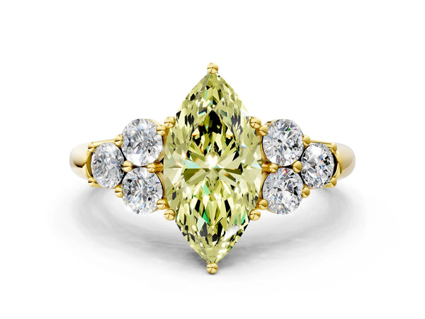 Yellow gold Fancy Yellow Marquise  Cut Diamond Cluster Ring with Round Accent Stones and Prong Setting on a Classic Band