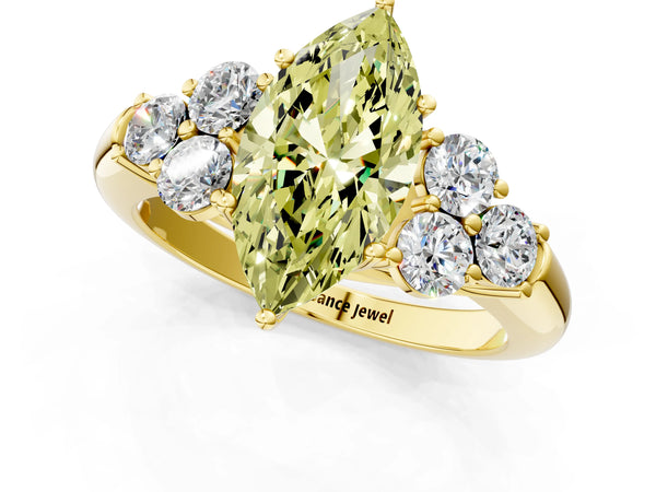 Yellow gold Fancy Yellow Marquise  Cut Diamond Cluster Ring with Round Accent Stones and Prong Setting on a Classic Band