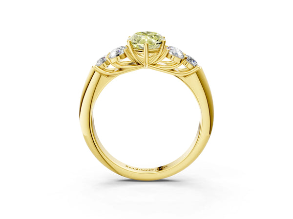 Yellow gold Fancy Yellow Marquise  Cut Diamond Cluster Ring with Round Accent Stones and Prong Setting on a Classic Band