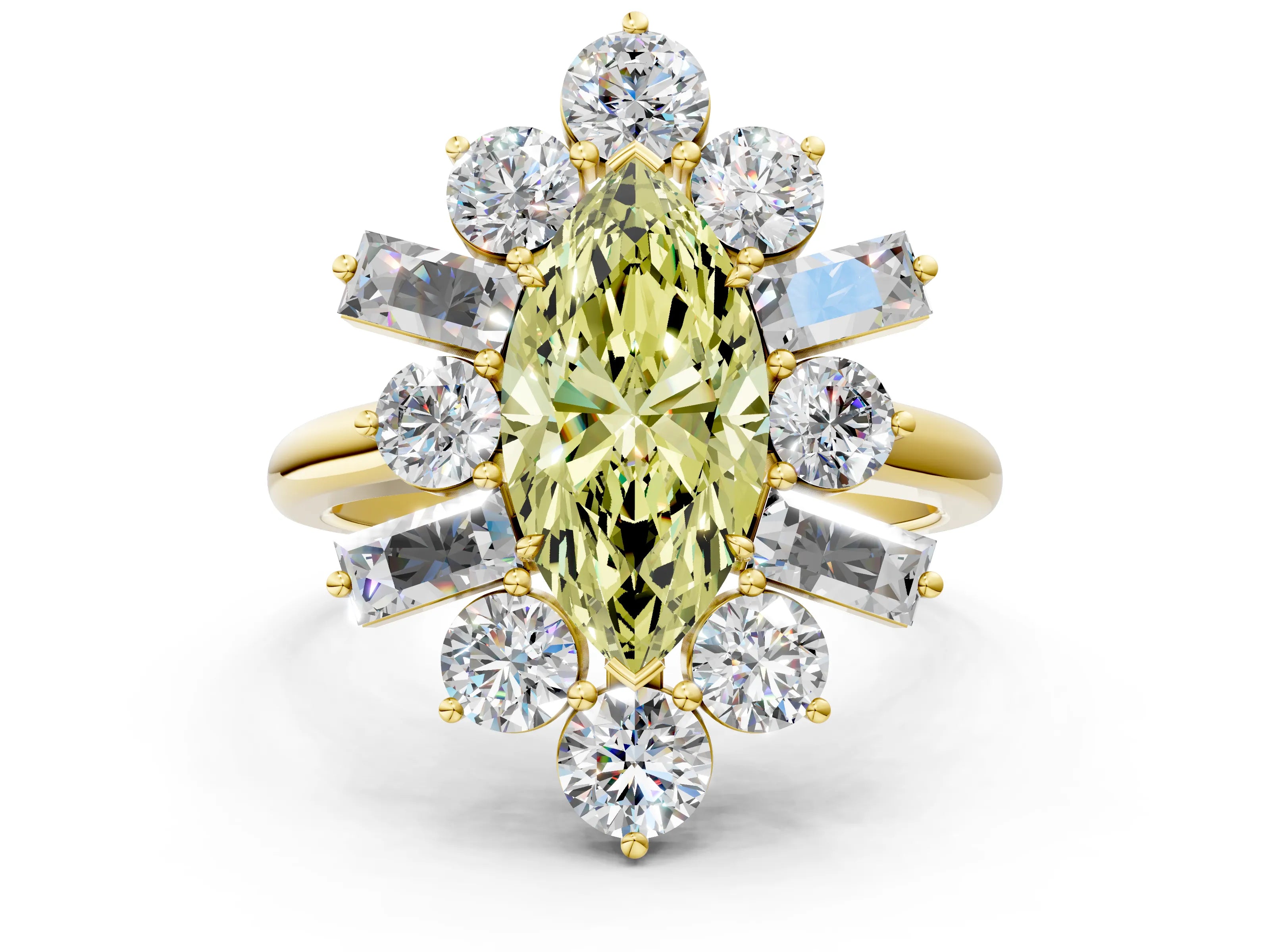 Yellow gold Fancy Yellow Marquise Cut Diamond Cluster Ring with Round and Baguette Stones, Split Shank Band, Prong Setting