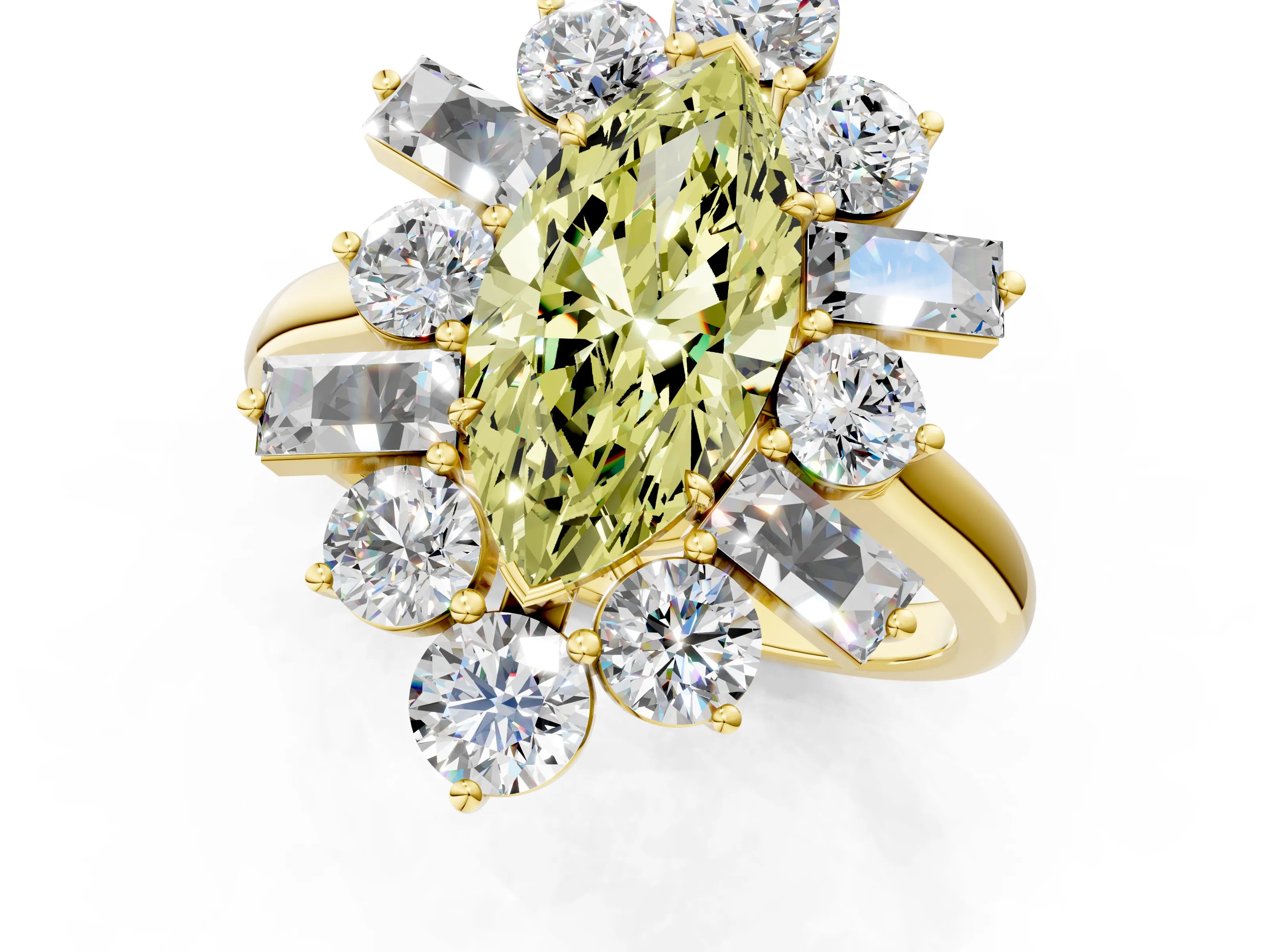 Yellow gold Fancy Yellow Marquise Cut Diamond Cluster Ring with Round and Baguette Stones, Split Shank Band, Prong Setting_1