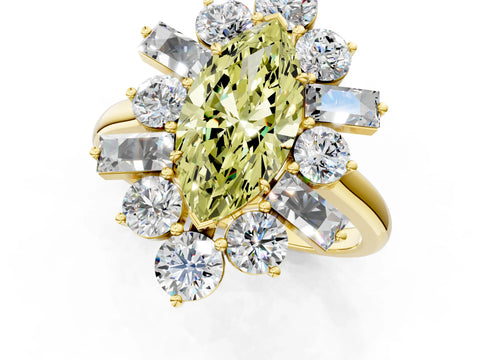 Yellow gold Fancy Yellow Marquise Cut Diamond Cluster Ring with Round and Baguette Stones, Split Shank Band, Prong Setting_1