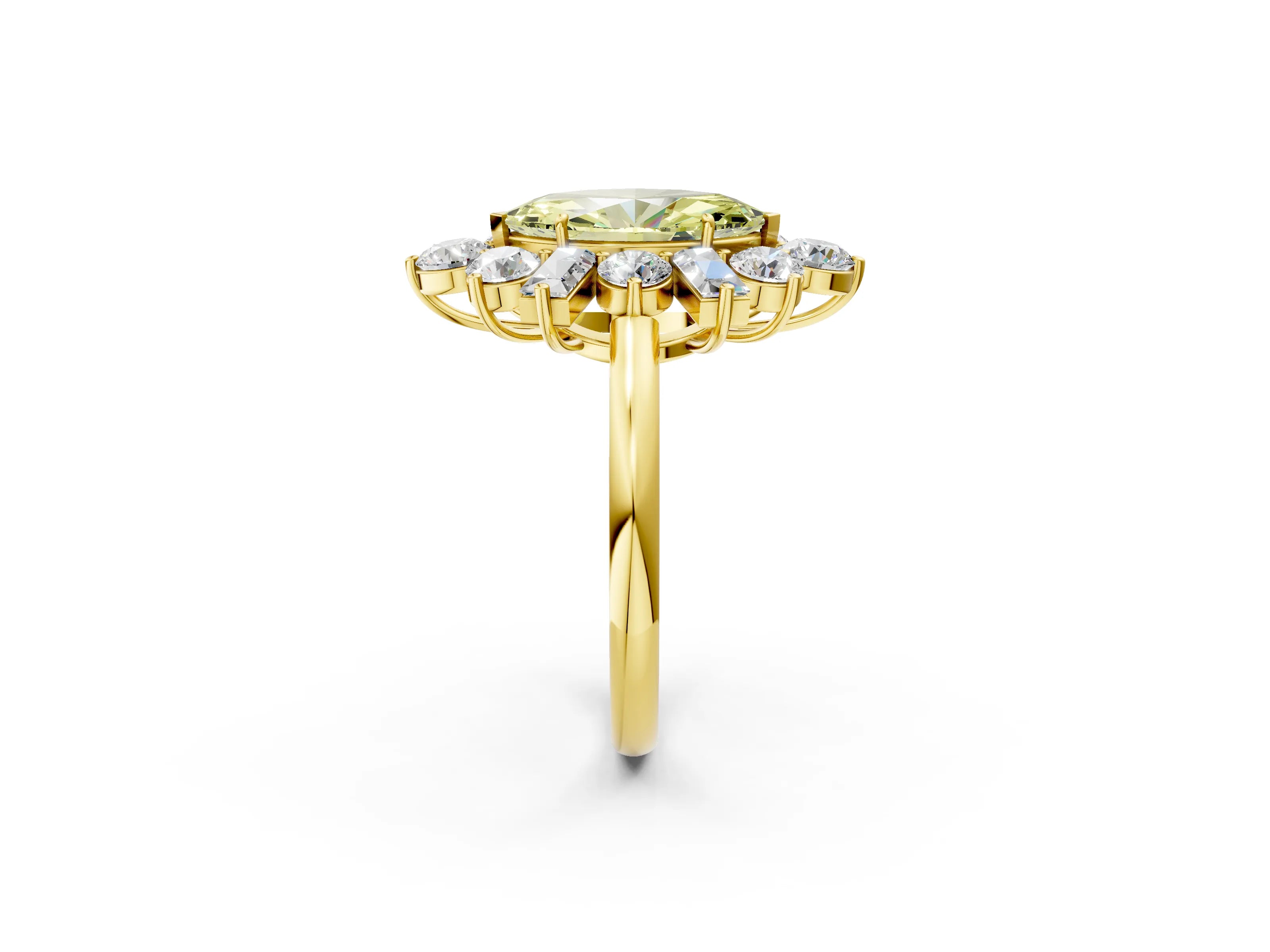 Yellow gold Fancy Yellow Marquise Cut Diamond Cluster Ring with Round and Baguette Stones, Split Shank Band, Prong Setting_2