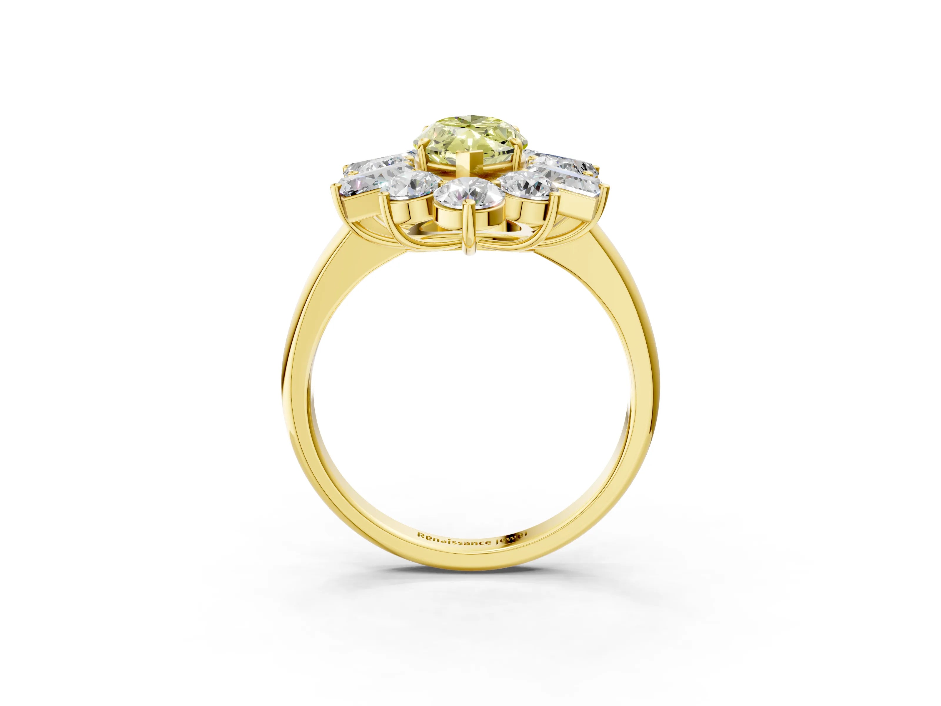 Yellow gold Fancy Yellow Marquise Cut Diamond Cluster Ring with Round and Baguette Stones, Split Shank Band, Prong Setting_3