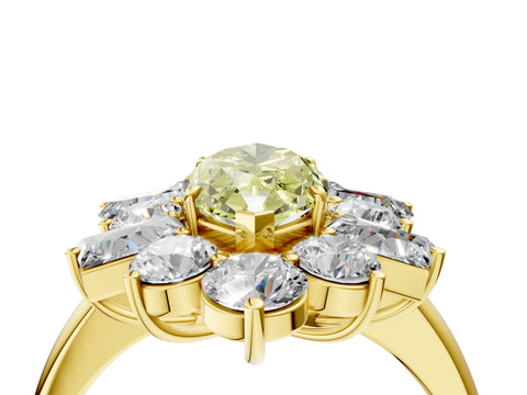 Yellow gold Fancy Yellow Marquise Cut Diamond Cluster Ring with Round and Baguette Stones, Split Shank Band, Prong Setting_4