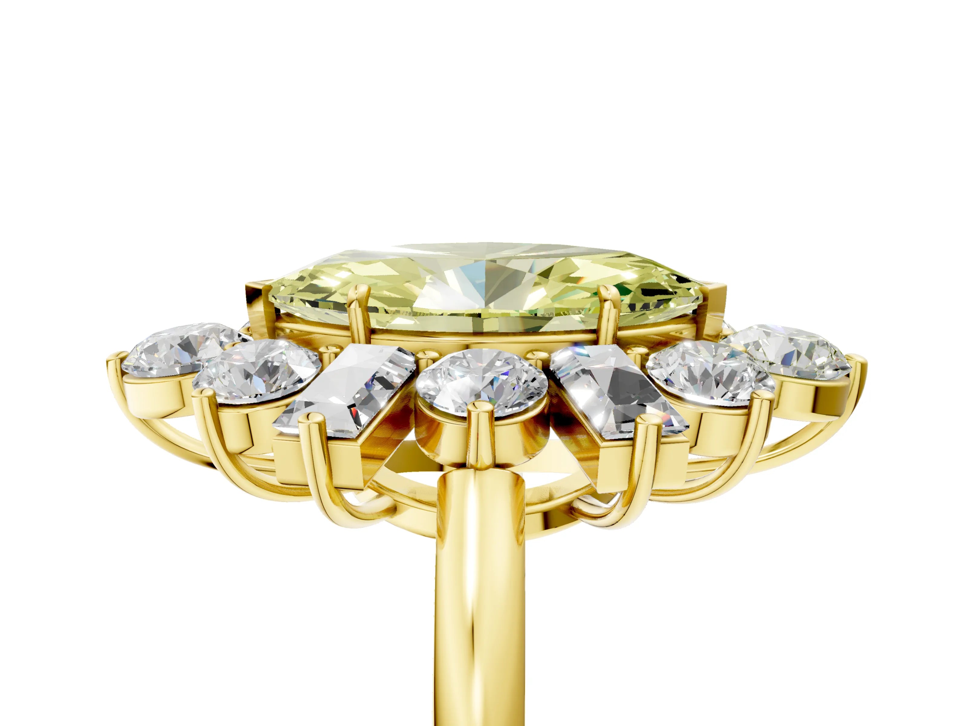 Yellow gold Fancy Yellow Marquise Cut Diamond Cluster Ring with Round and Baguette Stones, Split Shank Band, Prong Setting_5