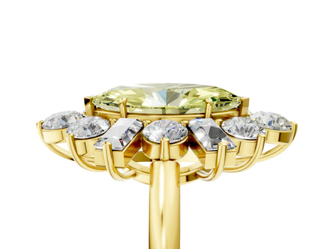 Yellow gold Fancy Yellow Marquise Cut Diamond Cluster Ring with Round and Baguette Stones, Split Shank Band, Prong Setting_5