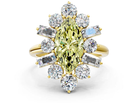 Yellow gold Fancy Yellow Marquise Cut Diamond Cluster Ring with Round and Baguette Stones, Split Shank Band, Prong Setting